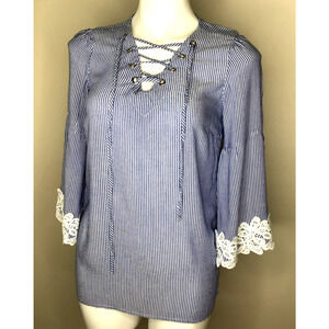 Westport Blue & White Stripe Lace Up Front with Lace Cuffs Blouse Size S